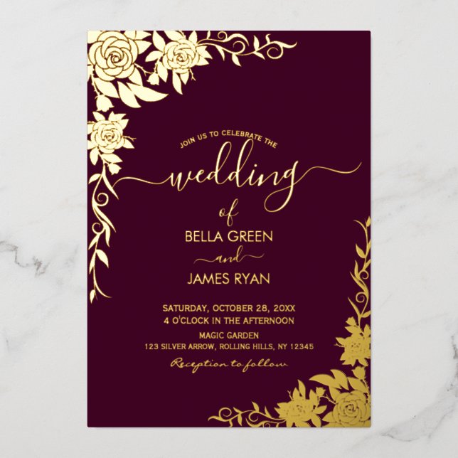Invitación Con Relieve Metalizado Elegante Boda Botánico Floral (Anverso)