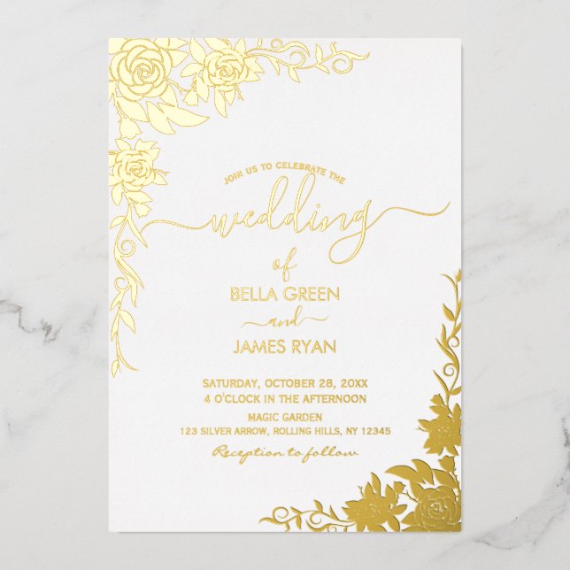 Invitación Con Relieve Metalizado Elegante Boda Botánico Floral (Anverso)