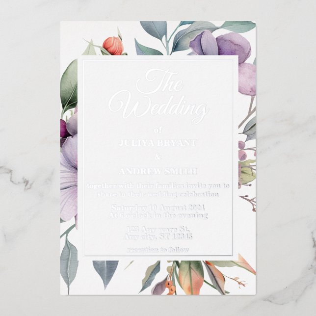 Invitación Con Relieve Metalizado Elegante Boda botánico floral (Anverso)