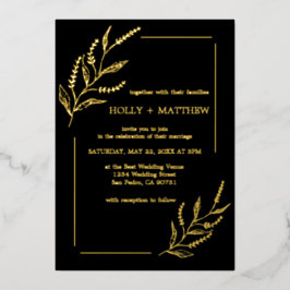 Invitación Con Relieve Metalizado Elegante Boda Botánico Negro Real Gold