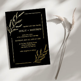 Invitación Con Relieve Metalizado Elegante Boda Botánico Negro Real Gold