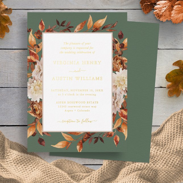 Invitación Con Relieve Metalizado Elegante Boda Caída (Elegant Fall Floral Wedding Foil Invitation by Painted Paperie
)