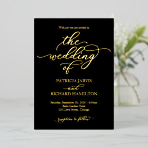 Invitación Con Relieve Metalizado Elegante Boda Caligrafía Negra Dorada
