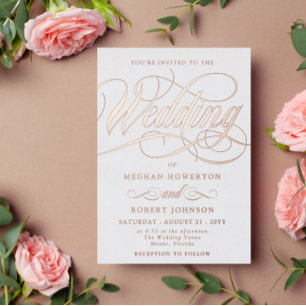 Invitación Con Relieve Metalizado Elegante Boda Caligrafía Remolino de Oro Rosa