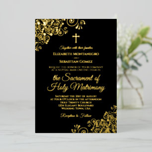 Invitación Con Relieve Metalizado Elegante boda católica Clásico negro oro