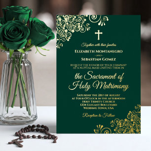 Invitación Con Relieve Metalizado Elegante Boda Católica de Verde Esmeralda y Oro