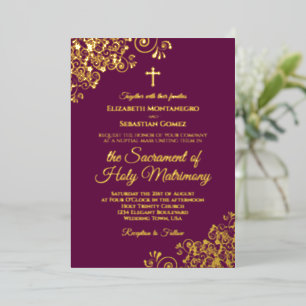 Invitación Con Relieve Metalizado Elegante Boda Católica Magenta Ciruela & Oro