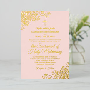 Invitación Con Relieve Metalizado Elegante boda católica rosa claro y dorado