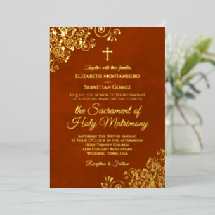 Invitación Con Relieve Metalizado Elegante boda católica Rust Orange & Gold
