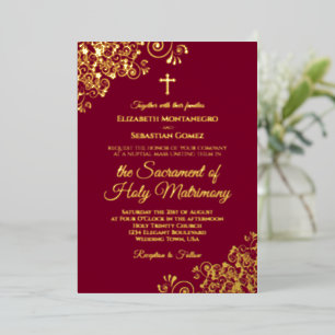 Invitación Con Relieve Metalizado Elegante Boda católico Borgoña y Oro