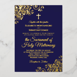 Invitación Con Relieve Metalizado Elegante Boda católico Marina Azul y Oro