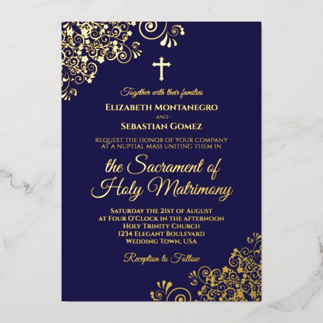 Invitación Con Relieve Metalizado Elegante Boda católico Marina Azul y Oro (Anverso)
