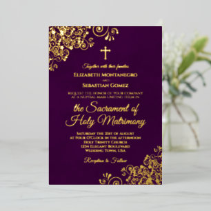 Invitación Con Relieve Metalizado Elegante Boda católico Plum Purple & Gold