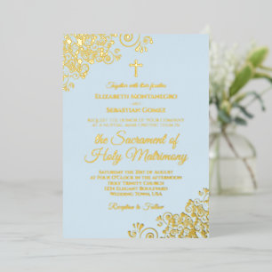 Invitación Con Relieve Metalizado Elegante Boda católico Polvo Azul y Oro