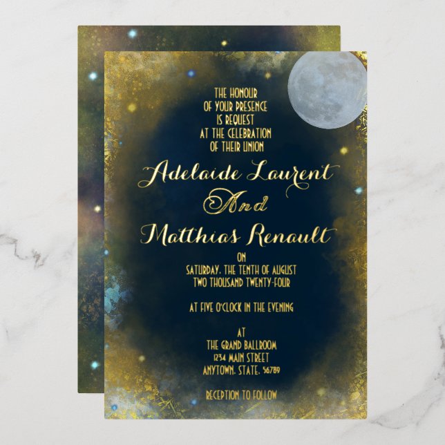 Invitación Con Relieve Metalizado Elegante Boda Celestial de Luna Llena: Azul y Oro (Anverso/Reverso)
