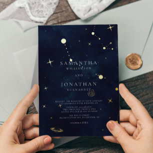 Invitación Con Relieve Metalizado Elegante Boda Celestial Oro