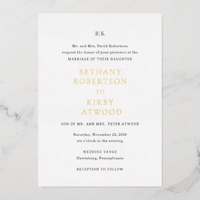 Invitación Con Relieve Metalizado Elegante Boda Clásico Negro y Blanco (Anverso)