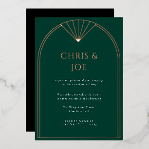 Invitación Con Relieve Metalizado Elegante Boda con Arco Art Déco Verde Esmeralda