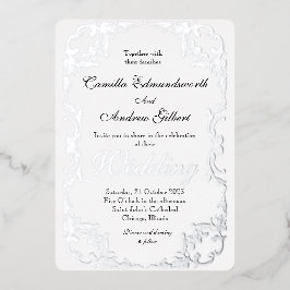 Invitación Con Relieve Metalizado Elegante Boda con Borde de Plata Florido