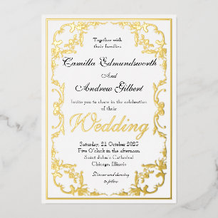 Invitación Con Relieve Metalizado Elegante Boda con Borde Dorado Regencia Ornamentad