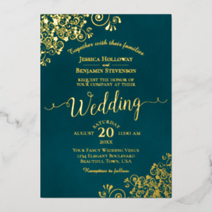 Invitación Con Relieve Metalizado Elegante Boda con Caligrafía Dorada y Volantes en