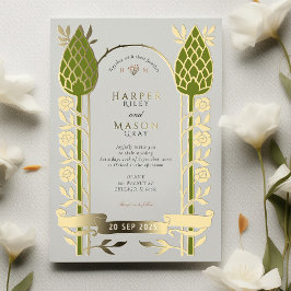 Invitación Con Relieve Metalizado Elegante Boda con Espinas Art Nouveau en Hoja de O
