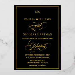 Invitación Con Relieve Metalizado Elegante Boda con Monograma Negro y Dorado