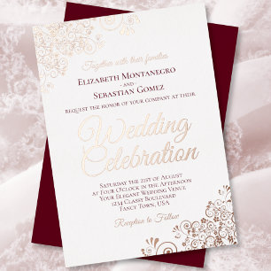 Invitación Con Relieve Metalizado Elegante boda con volantes de oro rosa y borgoña