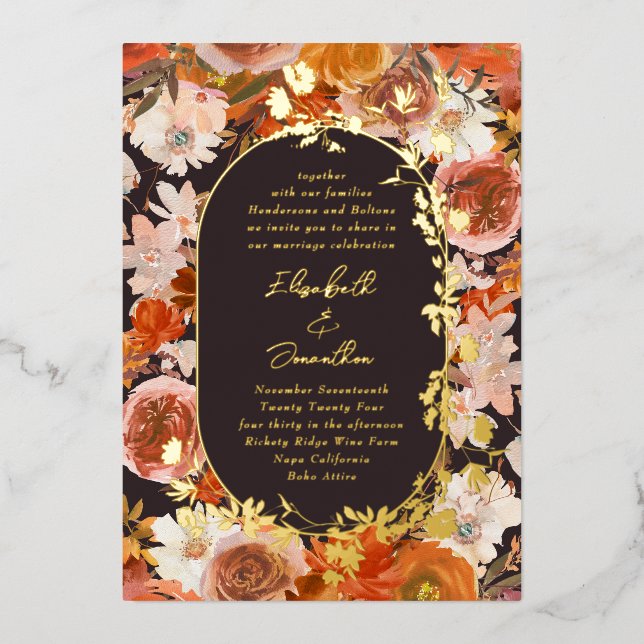 Invitación Con Relieve Metalizado Elegante Boda de Abundancia Oval Gold (Anverso)