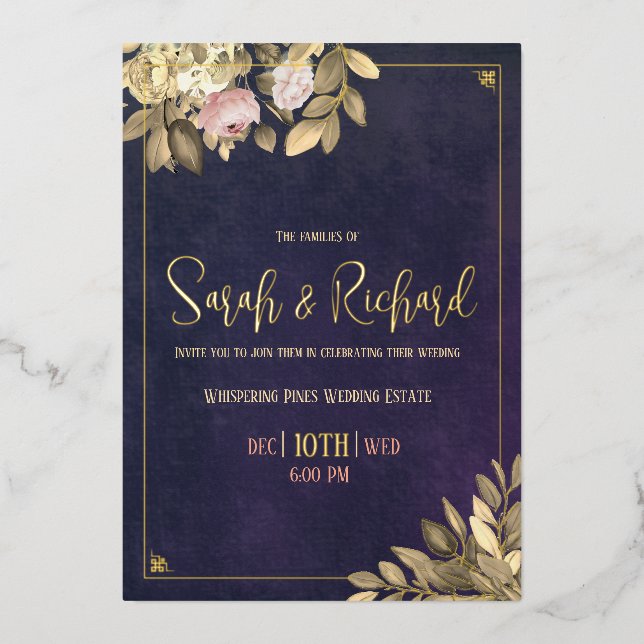 Invitación Con Relieve Metalizado Elegante Boda de acentos Rubor de la Marina Gold (Anverso)