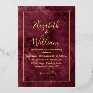 Invitación Con Relieve Metalizado Elegante boda de acuarela en burgundy y oro