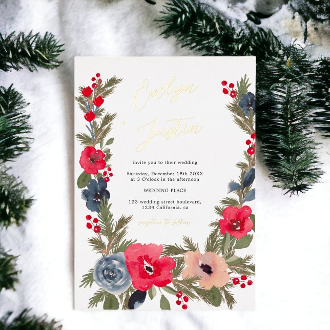 Invitación Con Relieve Metalizado Elegante Boda de acuarela floral de invierno rústi (Rustic Elegant Winter Floral Watercolor Wedding Foil Invitation)