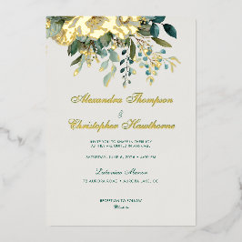 Invitación Con Relieve Metalizado Elegante Boda de Acuarela Floral Teal Crema Dorado