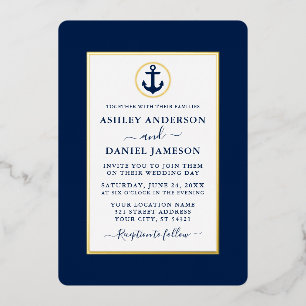 Invitación Con Relieve Metalizado Elegante Boda de Ancla Náutica Azul de la Marina