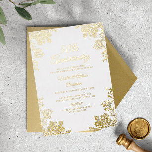 Invitación Con Relieve Metalizado Elegante Boda de Aniversario 50 años en Oro y Blan