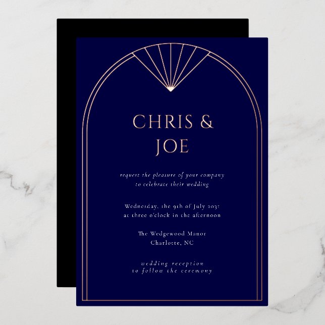 Invitación Con Relieve Metalizado Elegante Boda de Arco Art Decó de la Marina Azul (Anverso/Reverso)