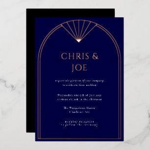 Invitación Con Relieve Metalizado Elegante Boda de Arco Art Déco en Azul Marino