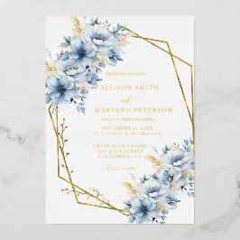 Invitación Con Relieve Metalizado Elegante Boda de armazón geométrico floral azul