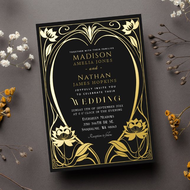 Invitación Con Relieve Metalizado Elegante Boda de Art Nouveau Lotus (Subido por el creador)