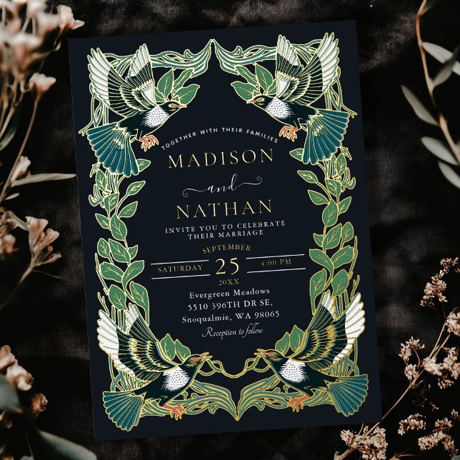 Invitación Con Relieve Metalizado Elegante Boda de Art Nouveau magpie (Subido por el creador)