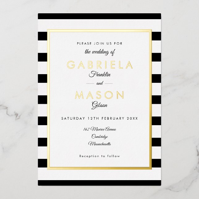 Invitación Con Relieve Metalizado Elegante Boda De Banda Negra Y Blanca (Anverso)