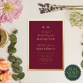 Invitación Con Relieve Metalizado Elegante Boda de Borgoña Real Gold Thick Border
