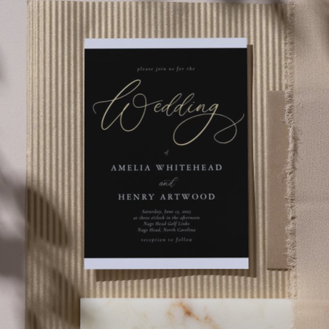 Invitación Con Relieve Metalizado Elegante Boda de caligrafía blanca y negra de oro (Subido por el creador)