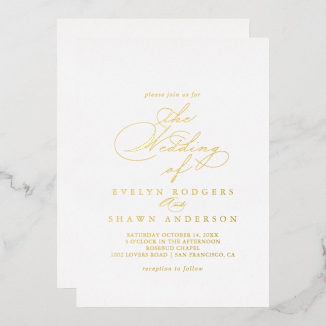 Invitación Con Relieve Metalizado Elegante Boda de caligrafía de oro (Anverso/Reverso)