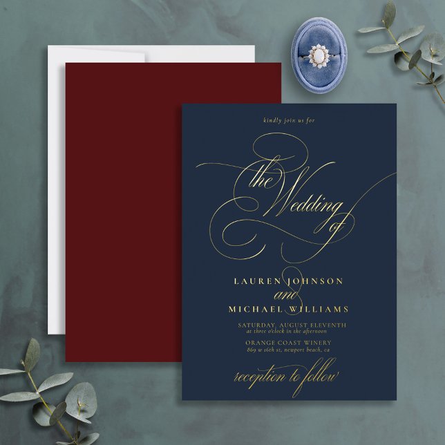 Invitación Con Relieve Metalizado Elegante Boda de caligrafía de oro azul borgoña (Subido por el creador)