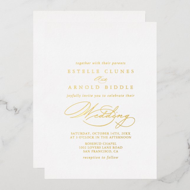 Invitación Con Relieve Metalizado Elegante Boda de caligrafía elegante Gold (Anverso/Reverso)