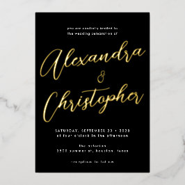 Invitación Con Relieve Metalizado Elegante Boda de caligrafía florida negra Gold