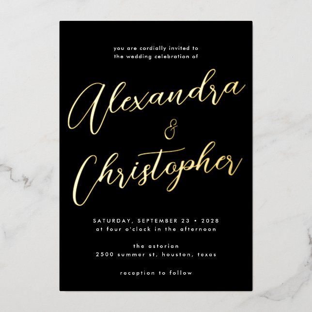 Invitación Con Relieve Metalizado Elegante Boda de caligrafía florida negra Gold (Anverso)