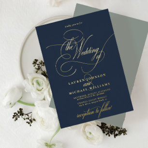 Invitación Con Relieve Metalizado Elegante Boda de Caligrafía Moderna Azul Sage Dora