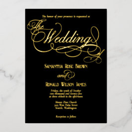 Invitación Con Relieve Metalizado Elegante Boda de caligrafía negra y dorada